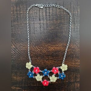 Floral Silver Necklace with Red, Blue, and Cream Accents